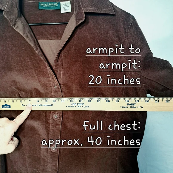 NWT women's fitted chocolate-brown corduroy button-up shirt, Harvé Benard. - Picture 6 of 11